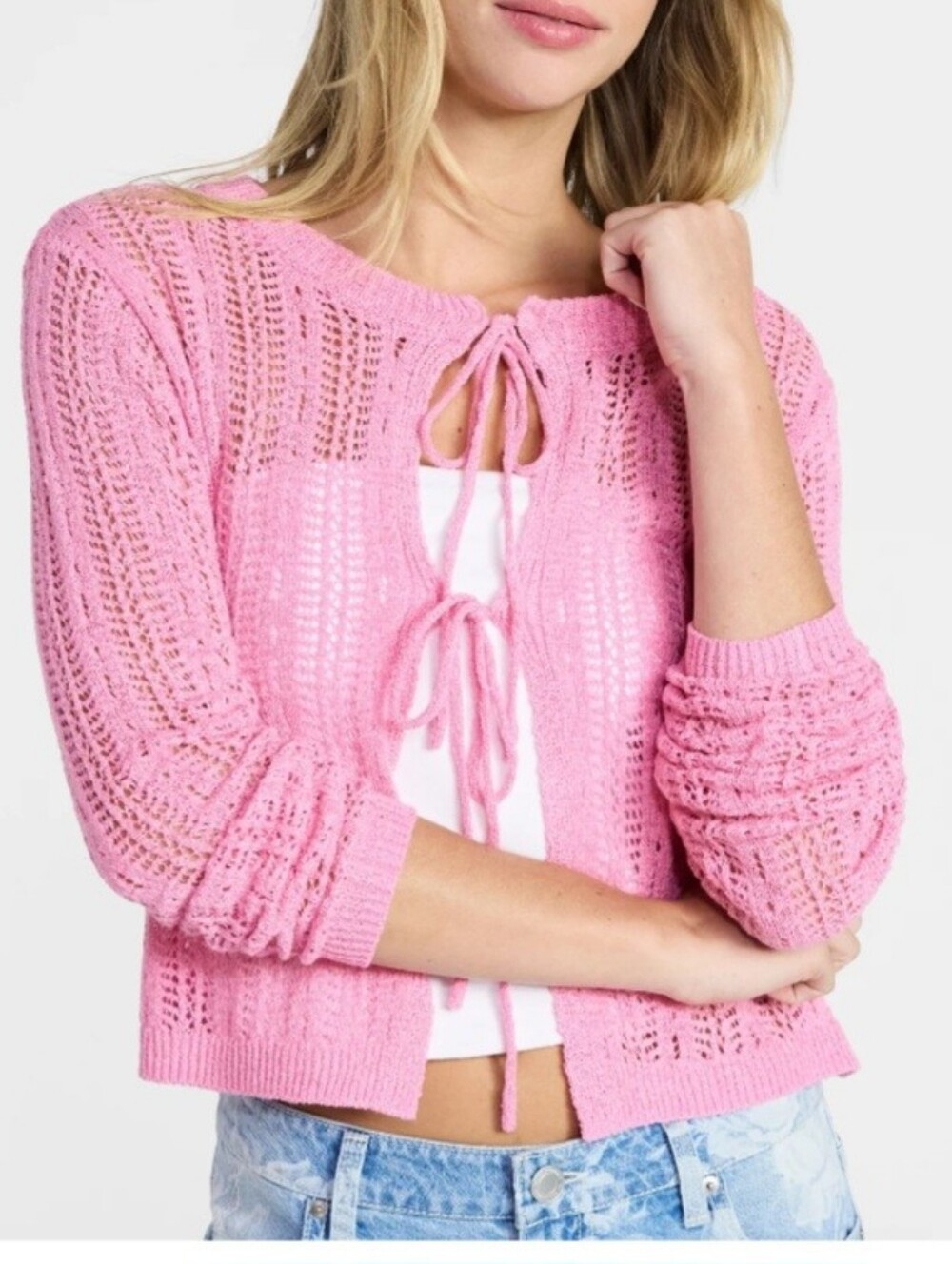 Coquette feminine ballet festival open knit double tie cardigan Medium Pink